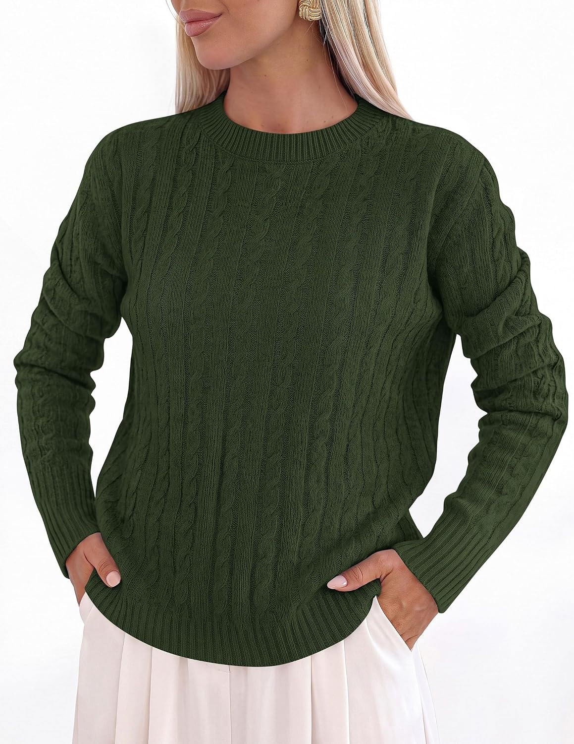 image:imagePRETTYGARDEN Womens Cable Knit Sweaters Long Sleeve Pullover Fall OutfitsArmy Green