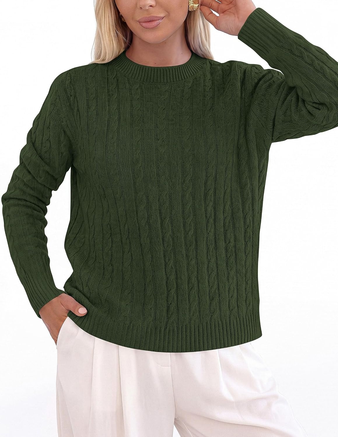 image:imagePRETTYGARDEN Womens Cable Knit Sweaters Long Sleeve Pullover Fall OutfitsArmy Green