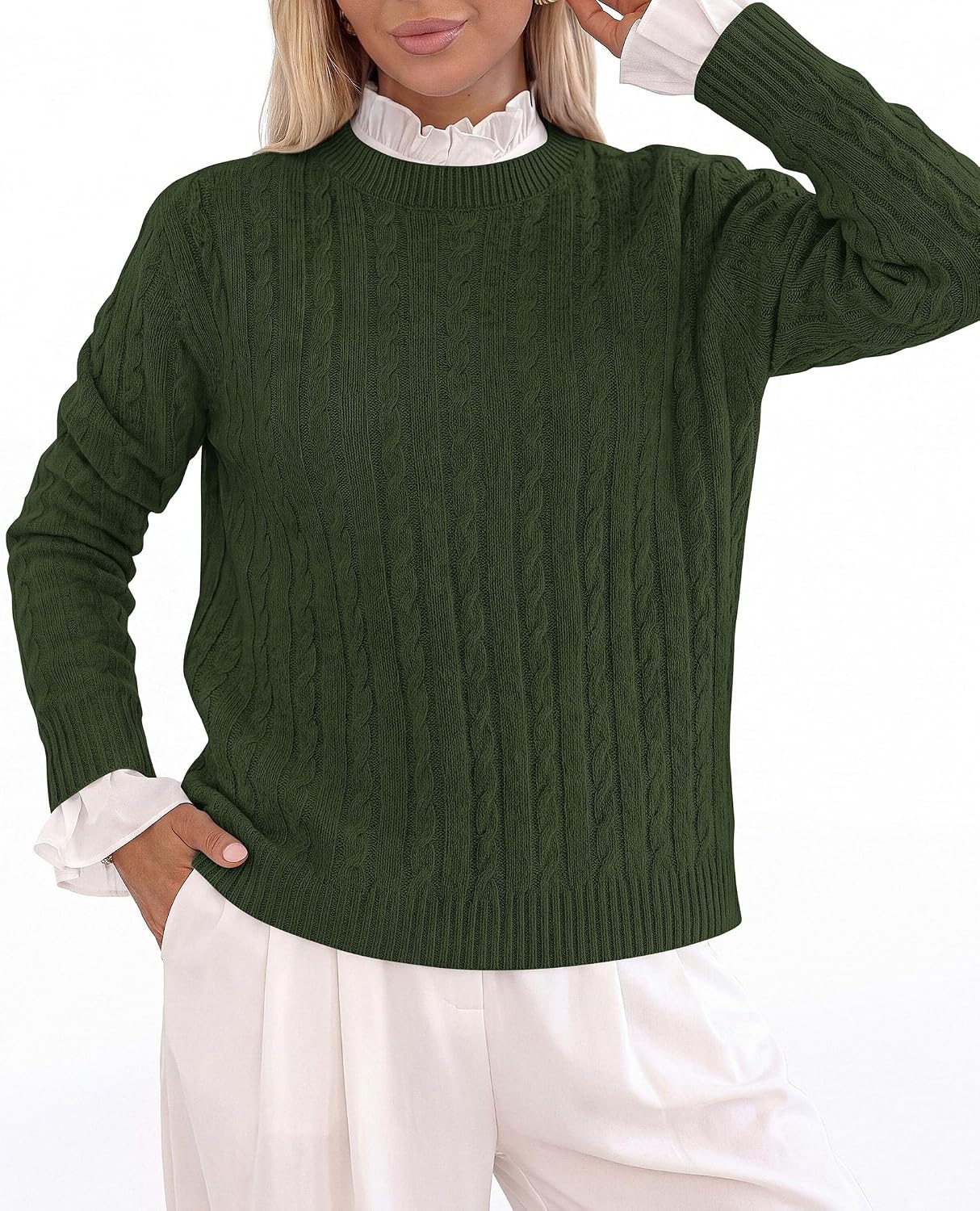 image:imagePRETTYGARDEN Womens Cable Knit Sweaters Long Sleeve Pullover Fall OutfitsArmy Green
