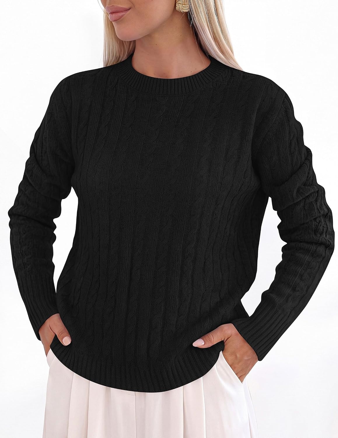 image:imagePRETTYGARDEN Womens Cable Knit Sweaters Long Sleeve Pullover Fall OutfitsBlack