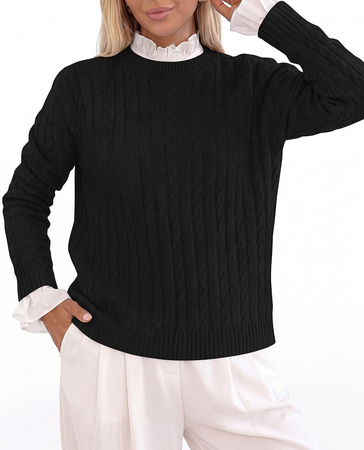 image:imagePRETTYGARDEN Womens Cable Knit Sweaters Long Sleeve Pullover Fall OutfitsBlack