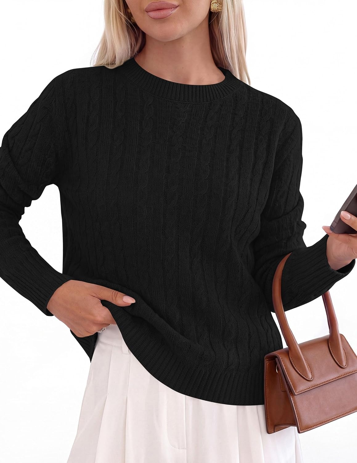 image:imagePRETTYGARDEN Womens Cable Knit Sweaters Long Sleeve Pullover Fall OutfitsBlack