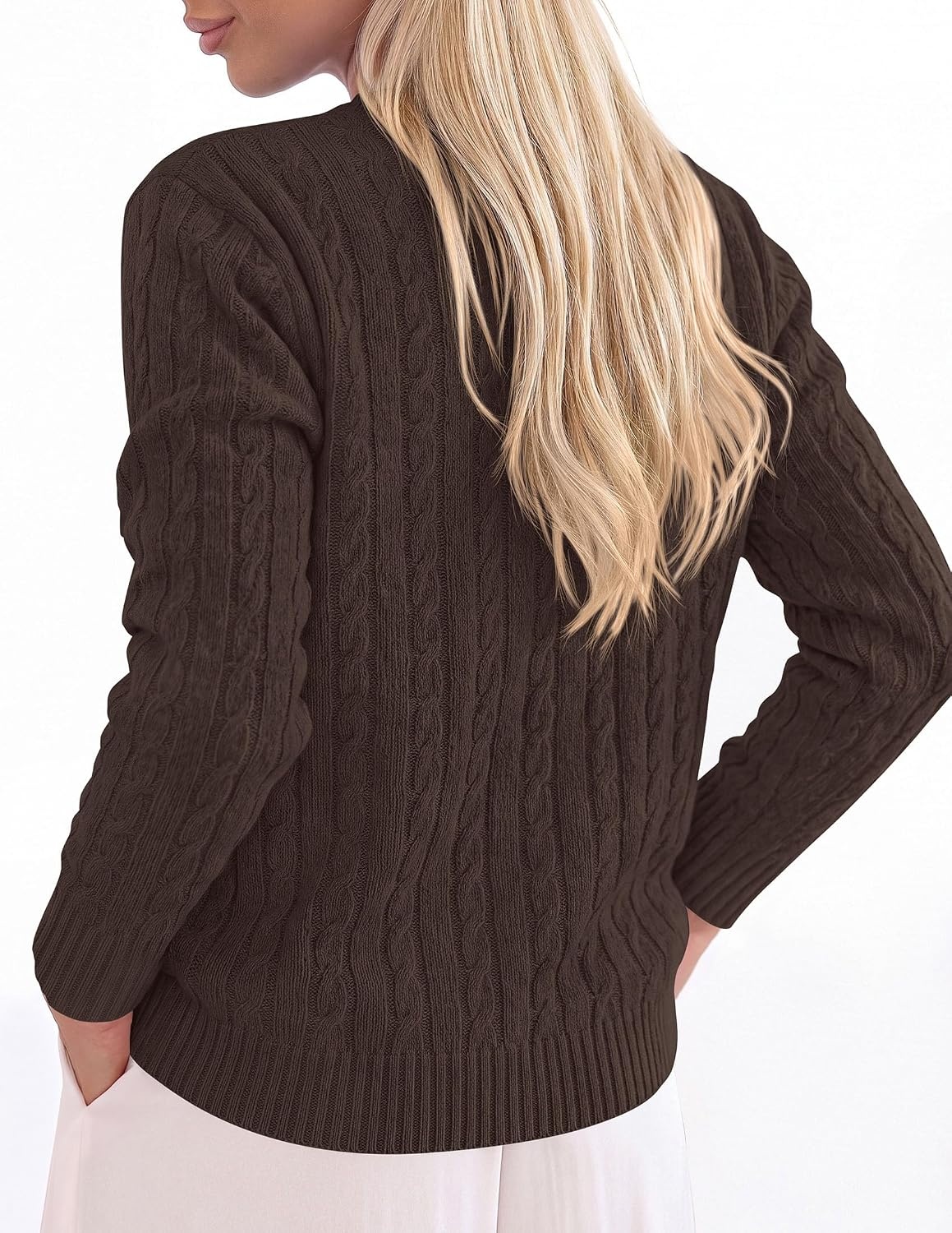 image:imagePRETTYGARDEN Womens Cable Knit Sweaters Long Sleeve Pullover Fall OutfitsBrown