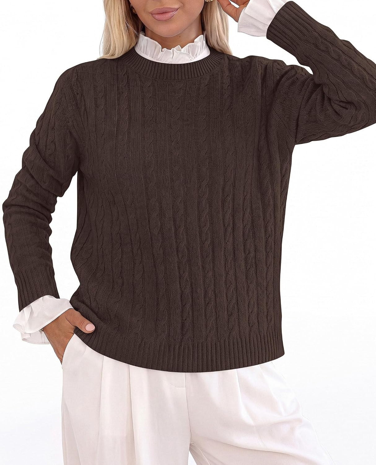 image:imagePRETTYGARDEN Womens Cable Knit Sweaters Long Sleeve Pullover Fall OutfitsBrown