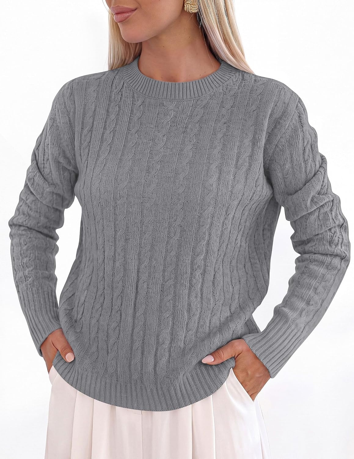 image:imagePRETTYGARDEN Womens Cable Knit Sweaters Long Sleeve Pullover Fall OutfitsGrey