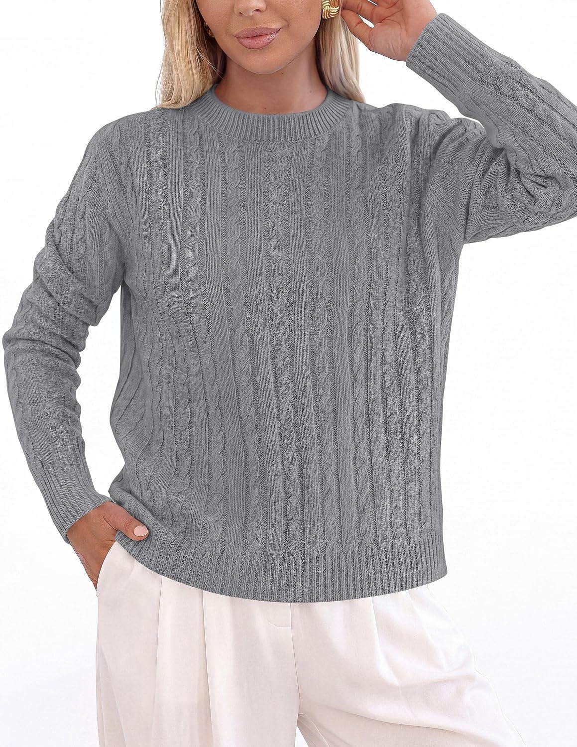 image:imagePRETTYGARDEN Womens Cable Knit Sweaters Long Sleeve Pullover Fall OutfitsGrey