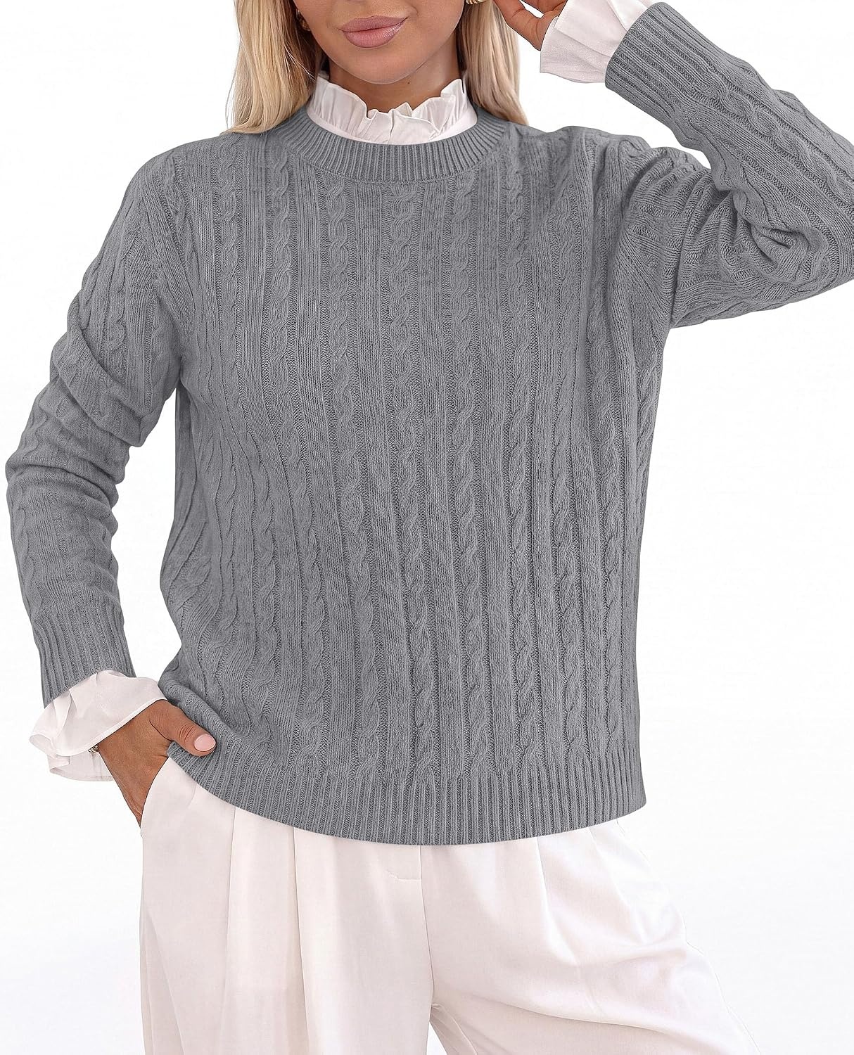 image:imagePRETTYGARDEN Womens Cable Knit Sweaters Long Sleeve Pullover Fall OutfitsGrey