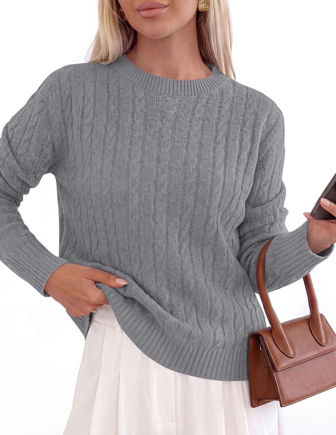 image:imagePRETTYGARDEN Womens Cable Knit Sweaters Long Sleeve Pullover Fall OutfitsGrey