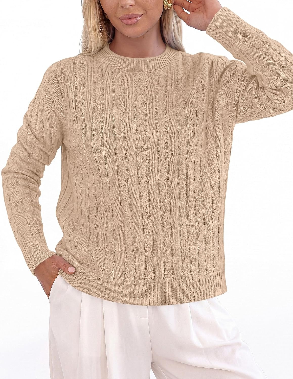 image:imagePRETTYGARDEN Womens Cable Knit Sweaters Long Sleeve Pullover Fall OutfitsKhaki