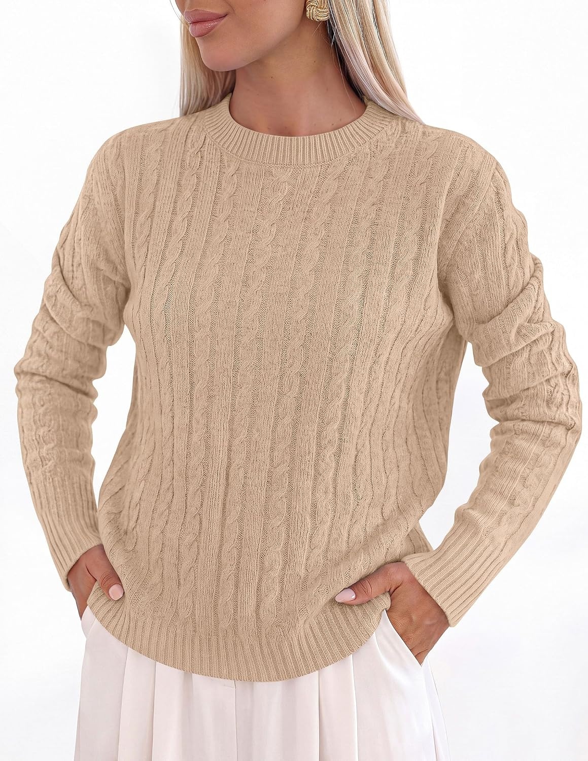 image:imagePRETTYGARDEN Womens Cable Knit Sweaters Long Sleeve Pullover Fall OutfitsKhaki