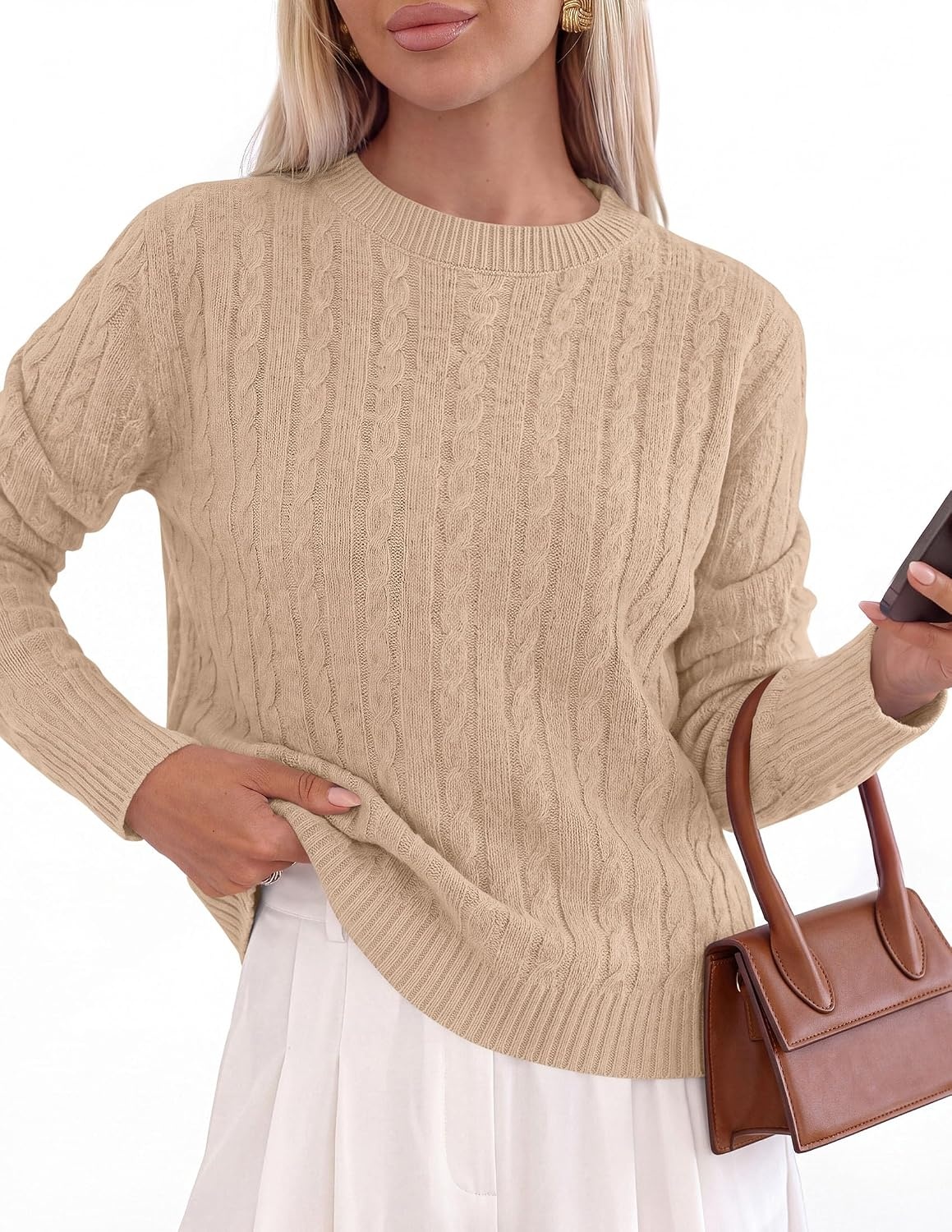 image:imagePRETTYGARDEN Womens Cable Knit Sweaters Long Sleeve Pullover Fall OutfitsKhaki