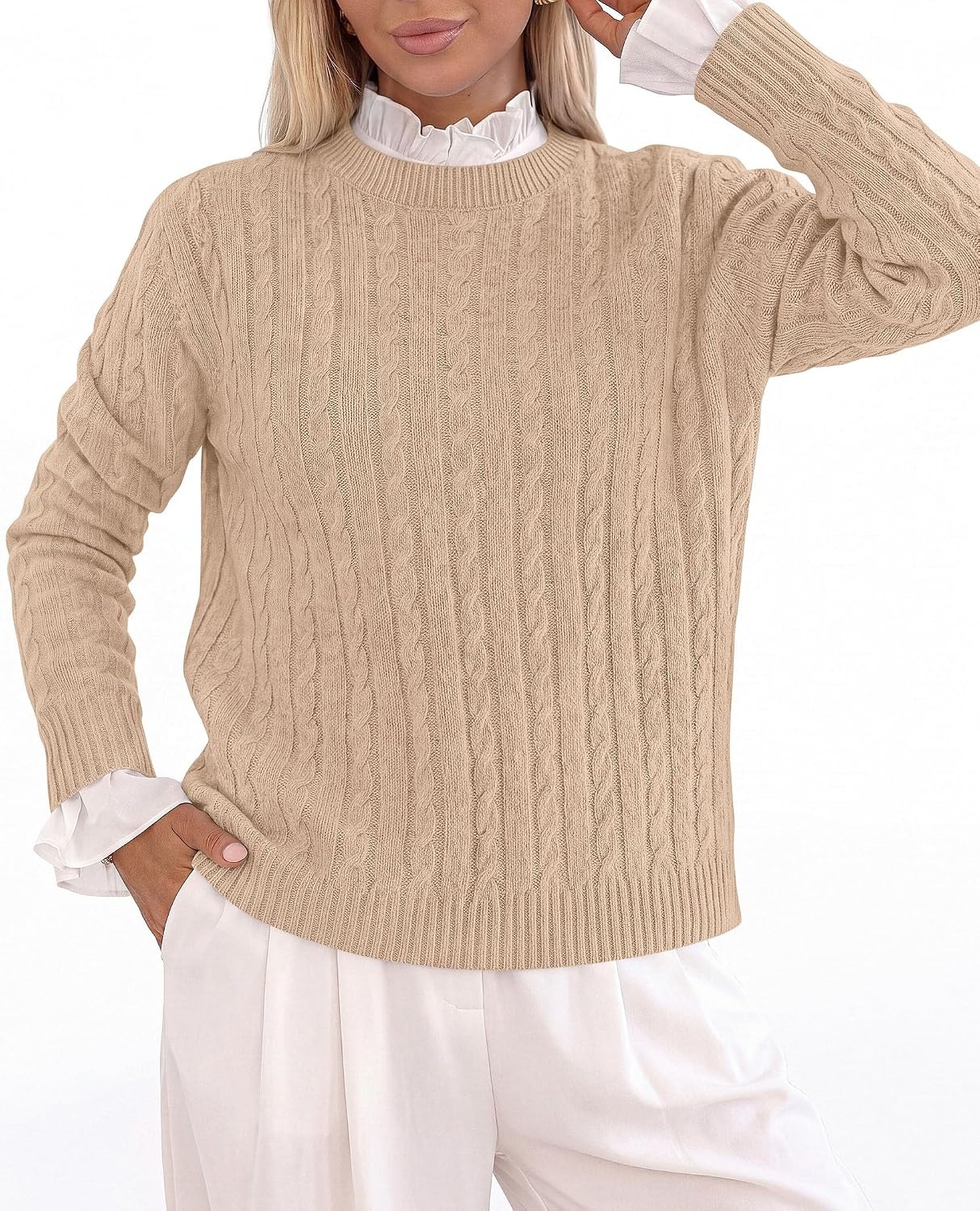 image:imagePRETTYGARDEN Womens Cable Knit Sweaters Long Sleeve Pullover Fall OutfitsKhaki
