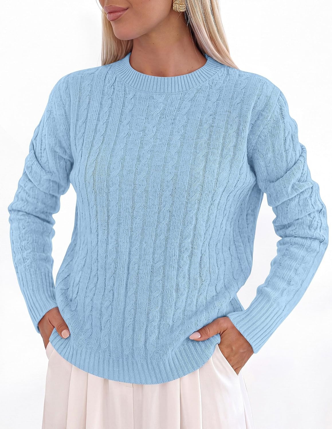 image:imagePRETTYGARDEN Womens Cable Knit Sweaters Long Sleeve Pullover Fall OutfitsLight Blue