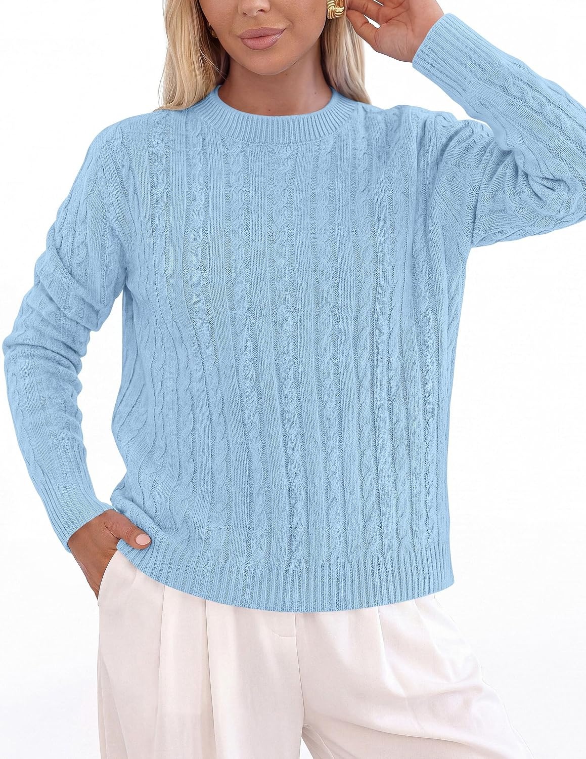 image:imagePRETTYGARDEN Womens Cable Knit Sweaters Long Sleeve Pullover Fall OutfitsLight Blue
