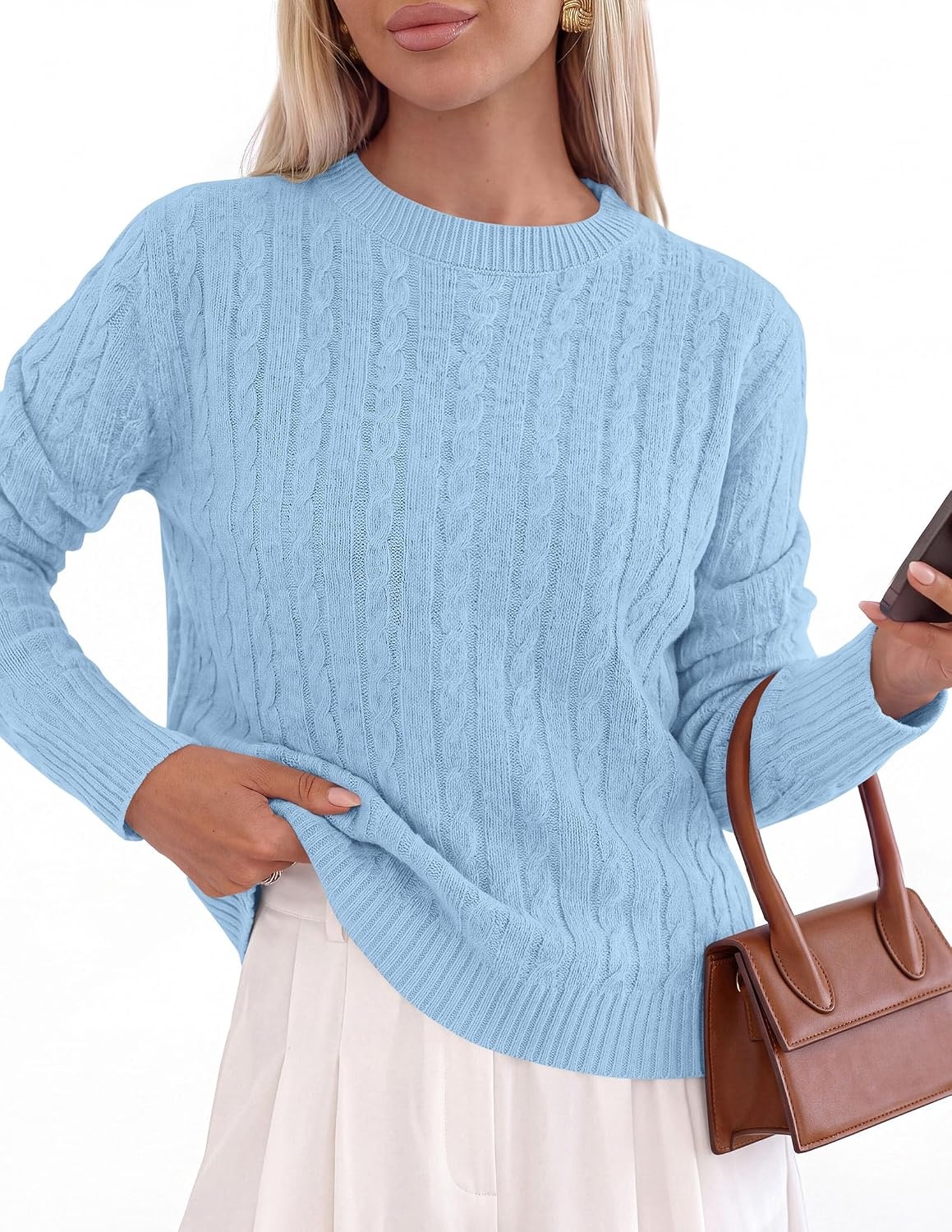 image:imagePRETTYGARDEN Womens Cable Knit Sweaters Long Sleeve Pullover Fall OutfitsLight Blue