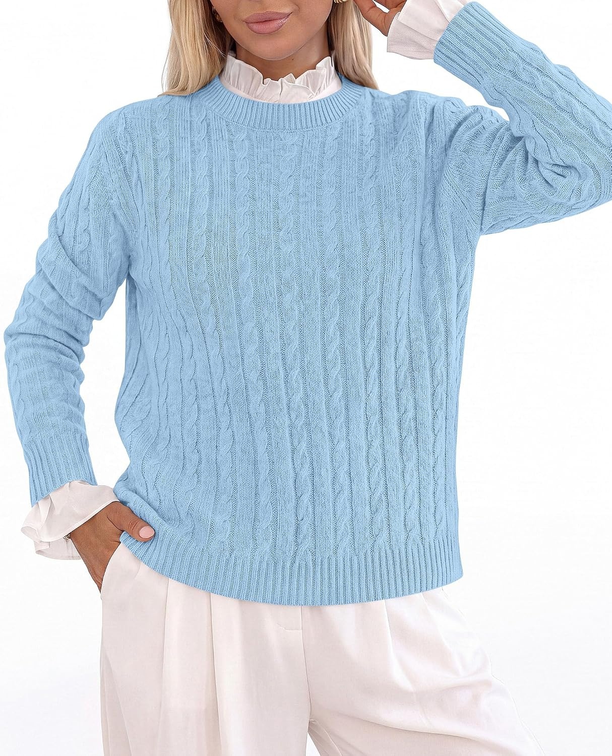 image:imagePRETTYGARDEN Womens Cable Knit Sweaters Long Sleeve Pullover Fall OutfitsLight Blue