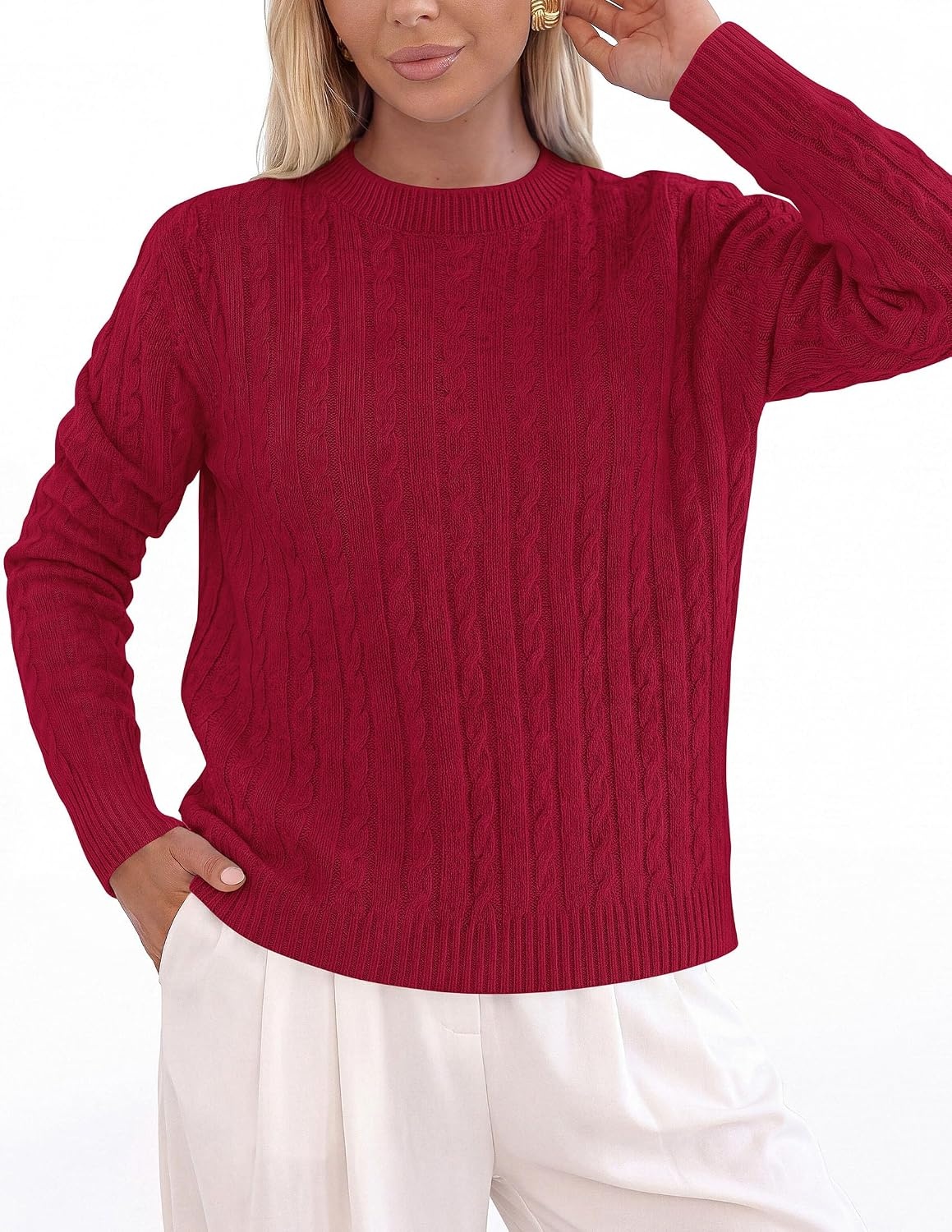 image:imagePRETTYGARDEN Womens Cable Knit Sweaters Long Sleeve Pullover Fall OutfitsRed