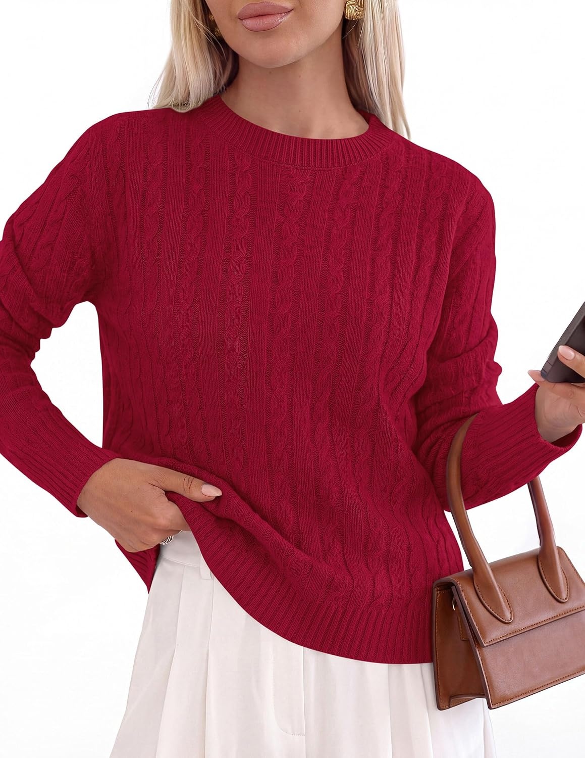 image:imagePRETTYGARDEN Womens Cable Knit Sweaters Long Sleeve Pullover Fall OutfitsRed
