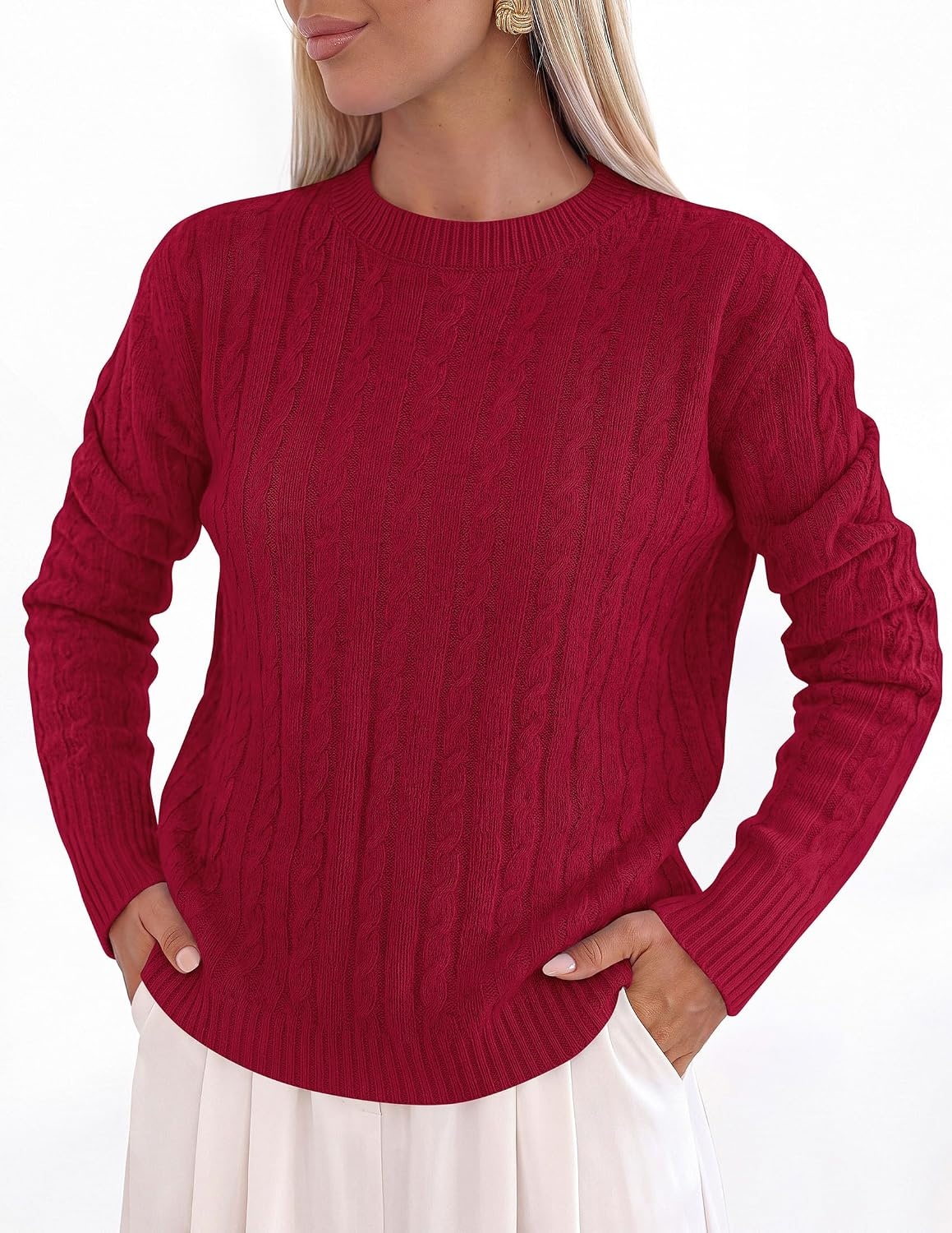 image:imagePRETTYGARDEN Womens Cable Knit Sweaters Long Sleeve Pullover Fall OutfitsRed
