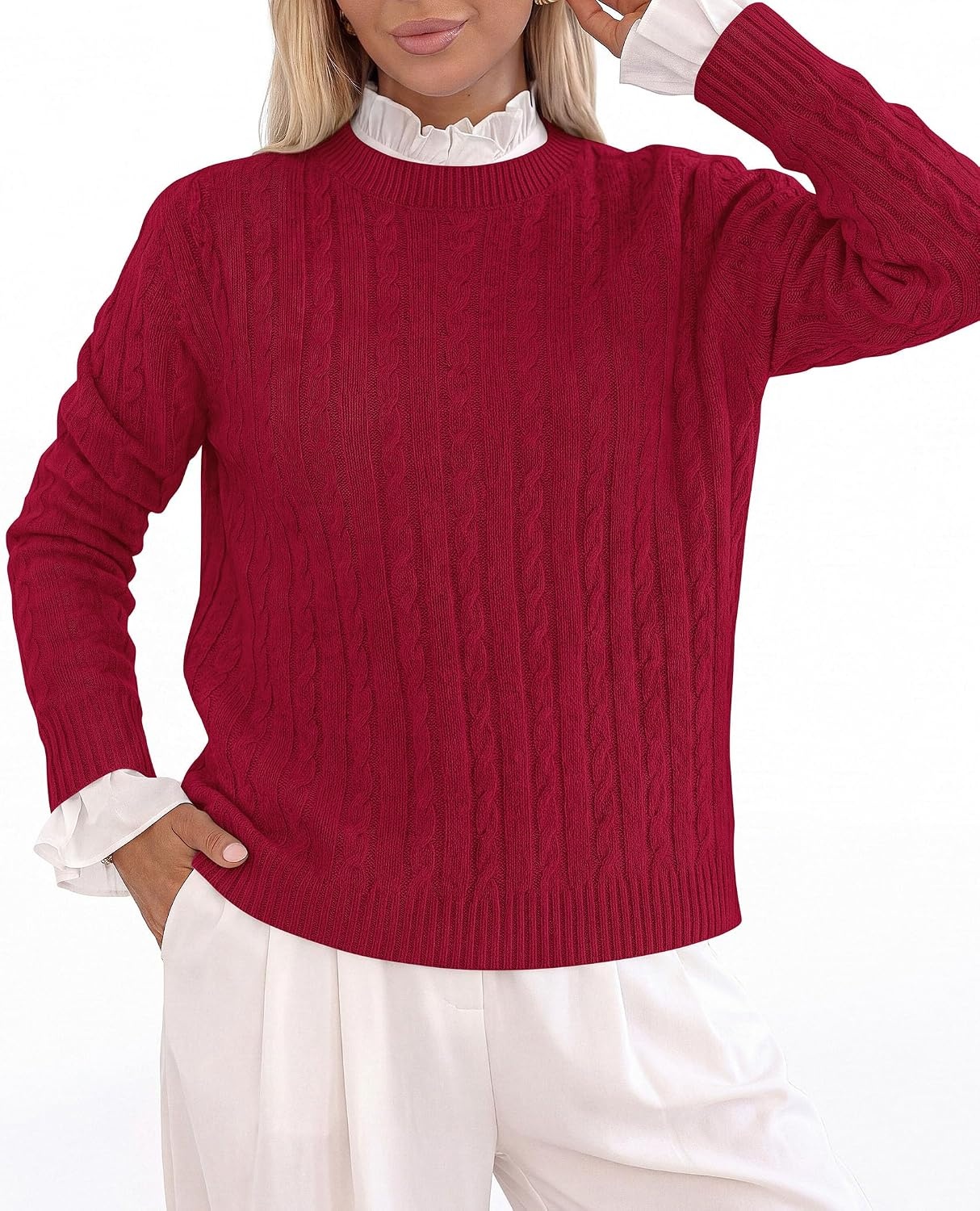 image:imagePRETTYGARDEN Womens Cable Knit Sweaters Long Sleeve Pullover Fall OutfitsRed
