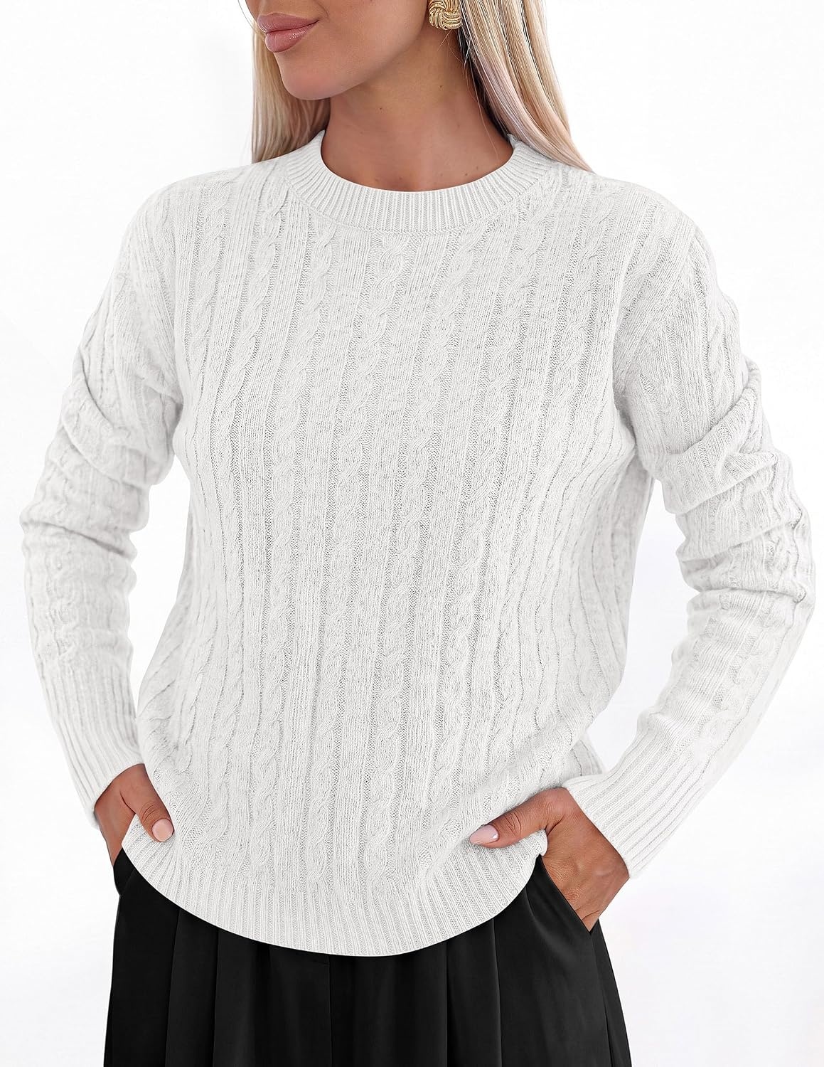 image:imagePRETTYGARDEN Womens Cable Knit Sweaters Long Sleeve Pullover Fall OutfitsWhite