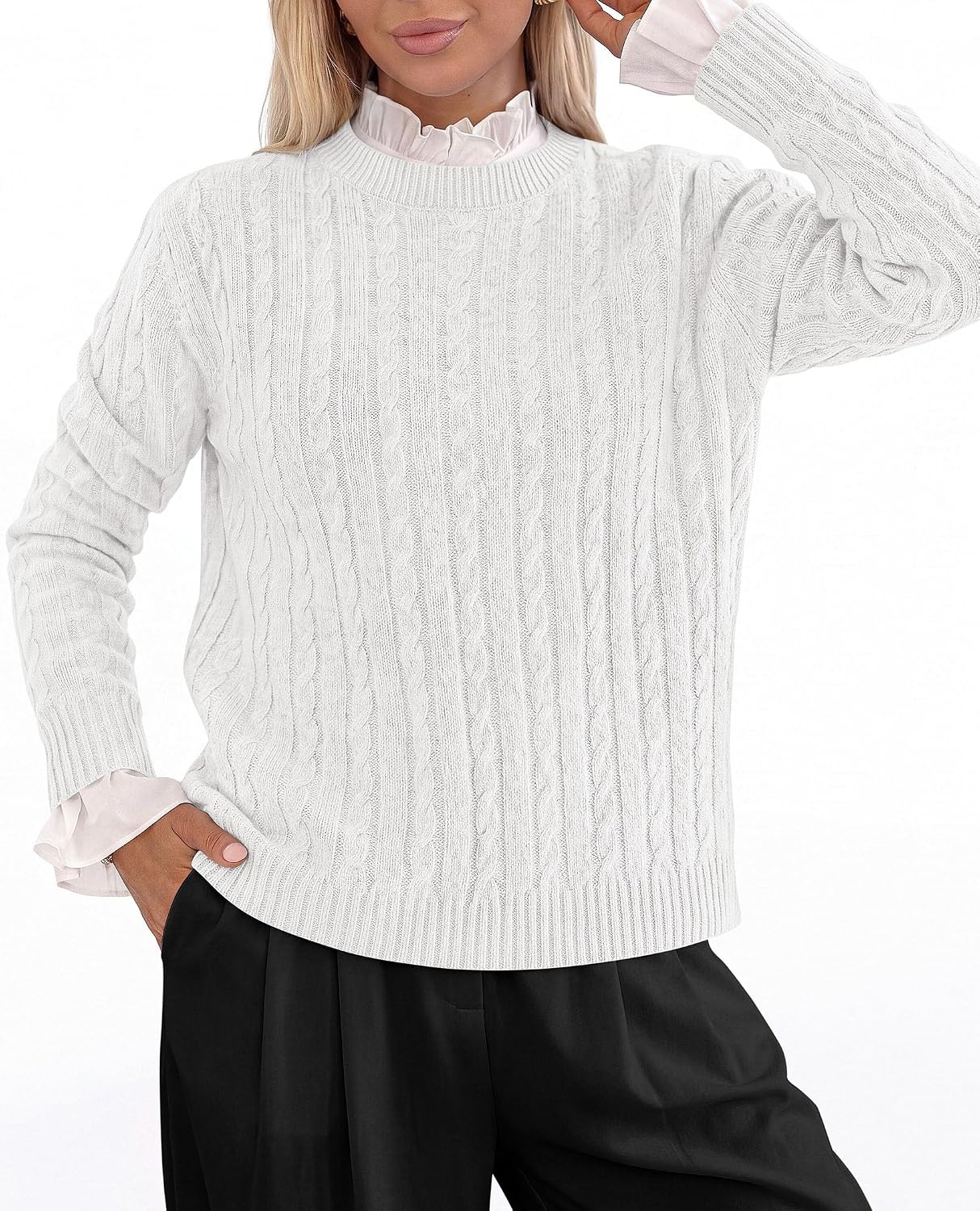 image:imagePRETTYGARDEN Womens Cable Knit Sweaters Long Sleeve Pullover Fall OutfitsWhite
