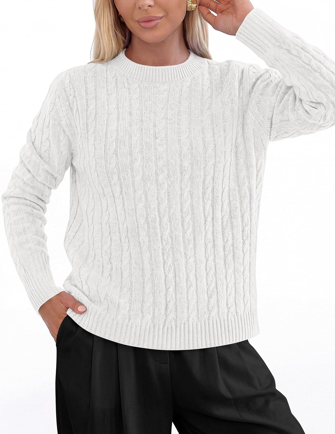 image:imagePRETTYGARDEN Womens Cable Knit Sweaters Long Sleeve Pullover Fall OutfitsWhite