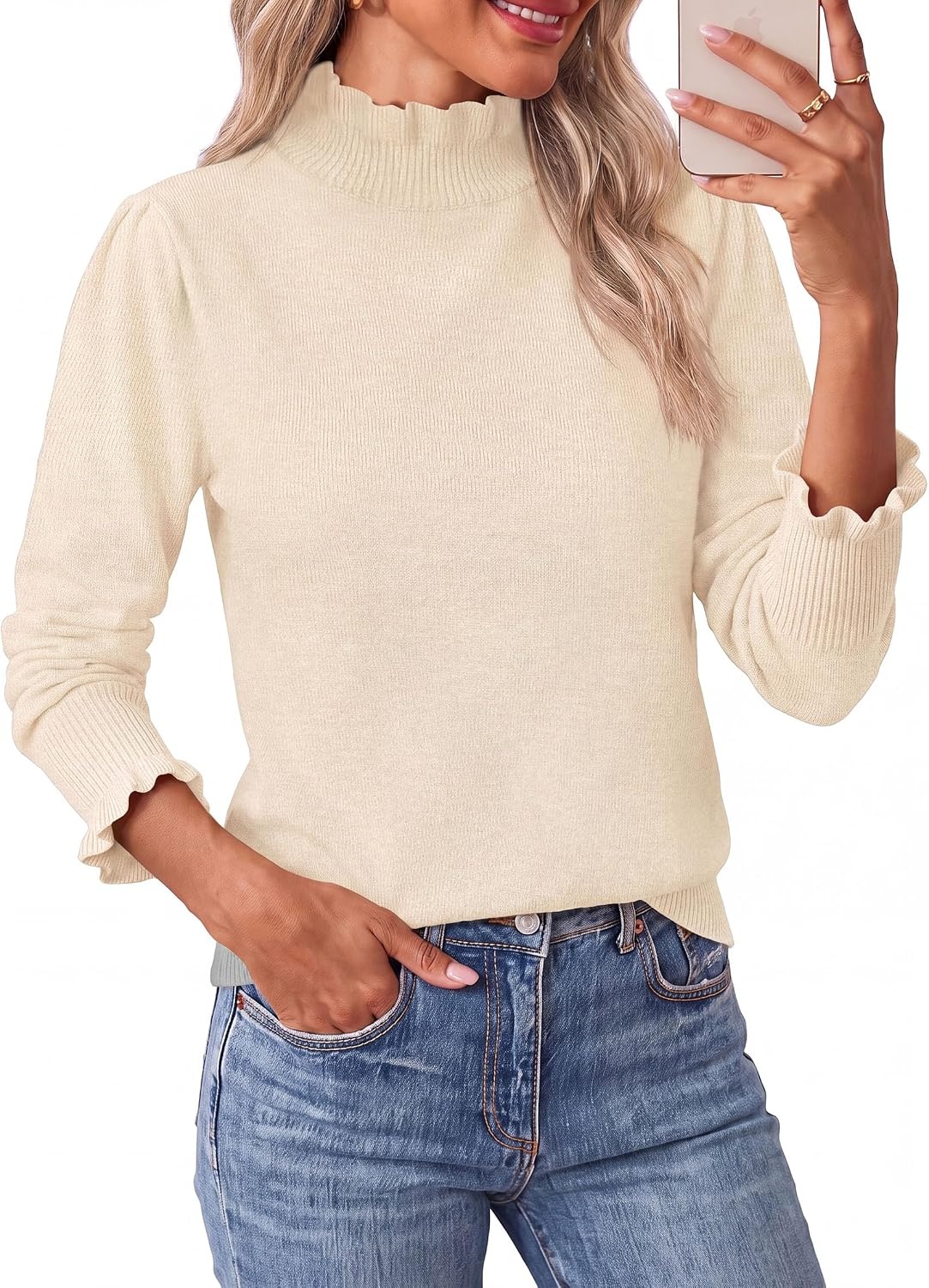 image:imagePRETTYGARDEN Womens Fall Cozy Sweaters Trendy Ruffle Mock Neck PulloverBeige