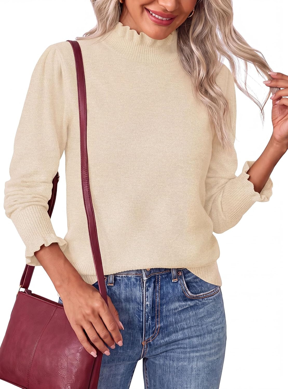 image:imagePRETTYGARDEN Womens Fall Cozy Sweaters Trendy Ruffle Mock Neck PulloverBeige