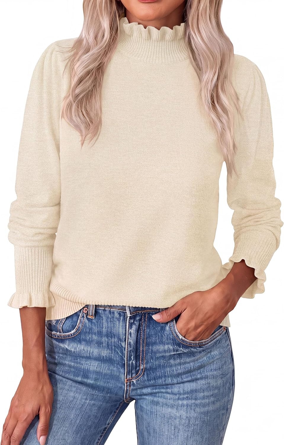 image:imagePRETTYGARDEN Womens Fall Cozy Sweaters Trendy Ruffle Mock Neck PulloverBeige