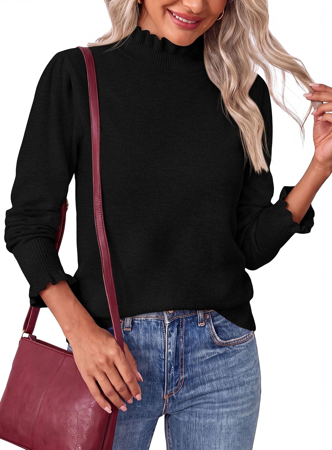 image:imagePRETTYGARDEN Womens Fall Cozy Sweaters Trendy Ruffle Mock Neck PulloverBlack