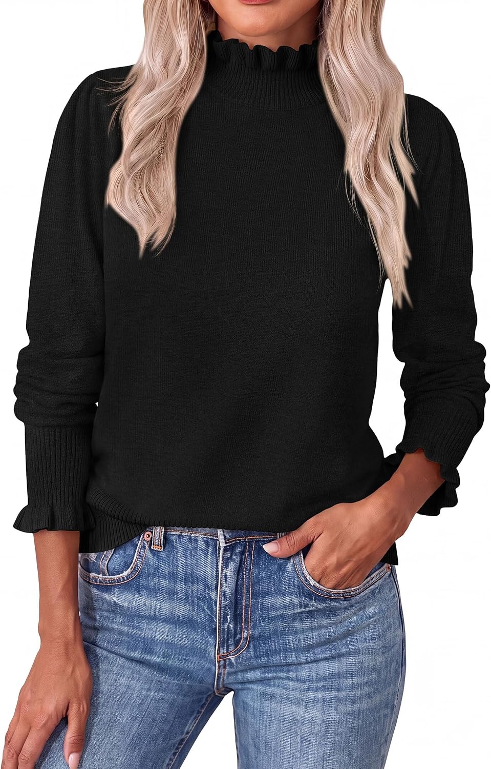 image:imagePRETTYGARDEN Womens Fall Cozy Sweaters Trendy Ruffle Mock Neck PulloverBlack