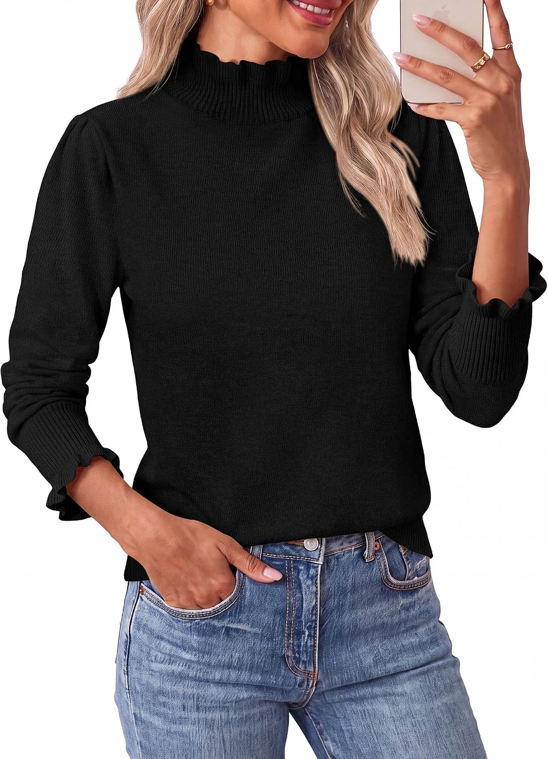 image:imagePRETTYGARDEN Womens Fall Cozy Sweaters Trendy Ruffle Mock Neck PulloverBlack