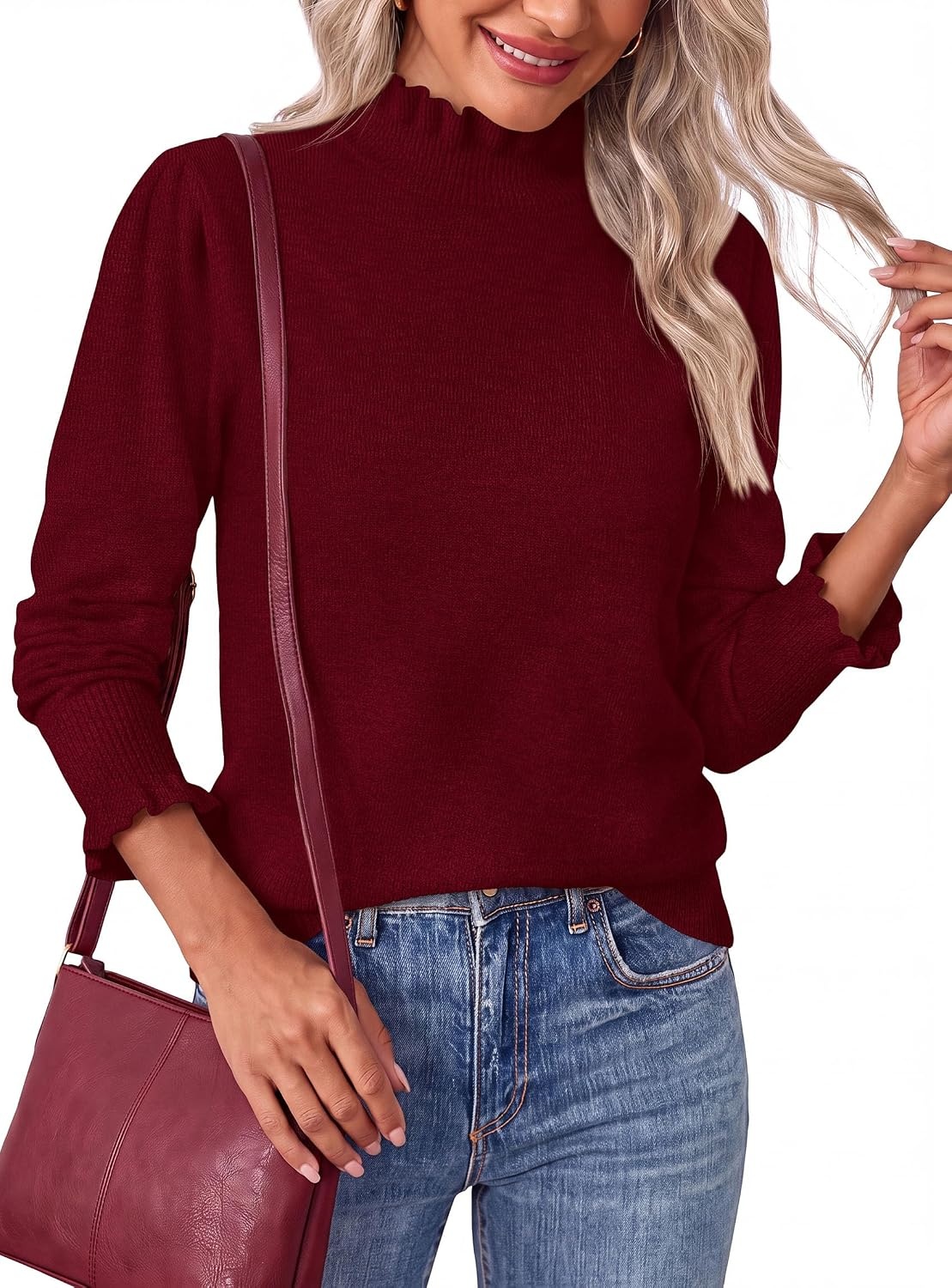 image:imagePRETTYGARDEN Womens Fall Cozy Sweaters Trendy Ruffle Mock Neck PulloverBurgundy