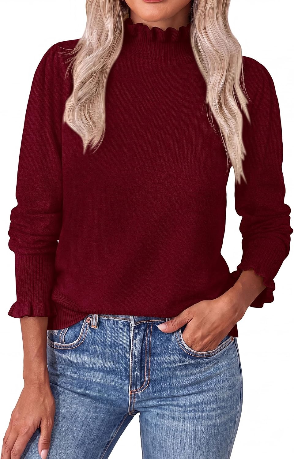 image:imagePRETTYGARDEN Womens Fall Cozy Sweaters Trendy Ruffle Mock Neck PulloverBurgundy