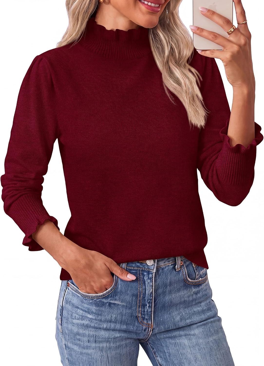 image:imagePRETTYGARDEN Womens Fall Cozy Sweaters Trendy Ruffle Mock Neck PulloverBurgundy
