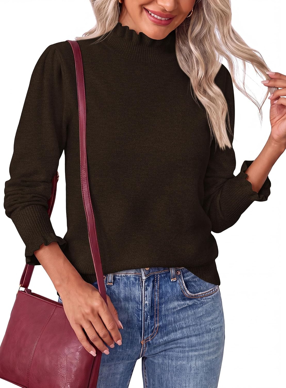 image:imagePRETTYGARDEN Womens Fall Cozy Sweaters Trendy Ruffle Mock Neck PulloverCoffee