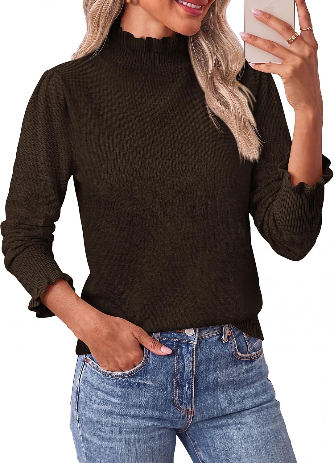 image:imagePRETTYGARDEN Womens Fall Cozy Sweaters Trendy Ruffle Mock Neck PulloverCoffee