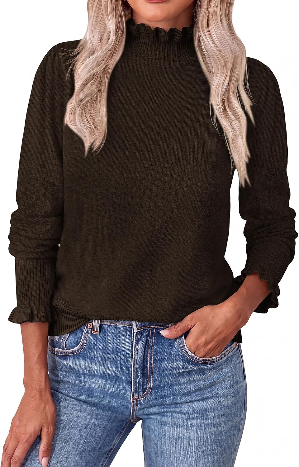 image:imagePRETTYGARDEN Womens Fall Cozy Sweaters Trendy Ruffle Mock Neck PulloverCoffee