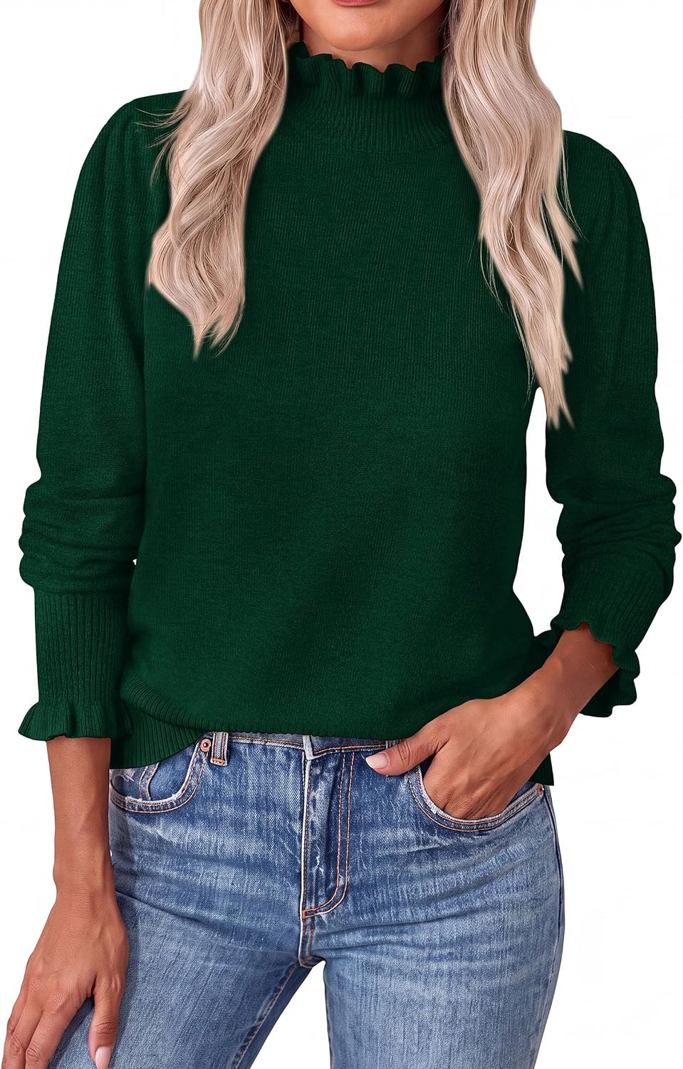 image:imagePRETTYGARDEN Womens Fall Cozy Sweaters Trendy Ruffle Mock Neck PulloverDark Green