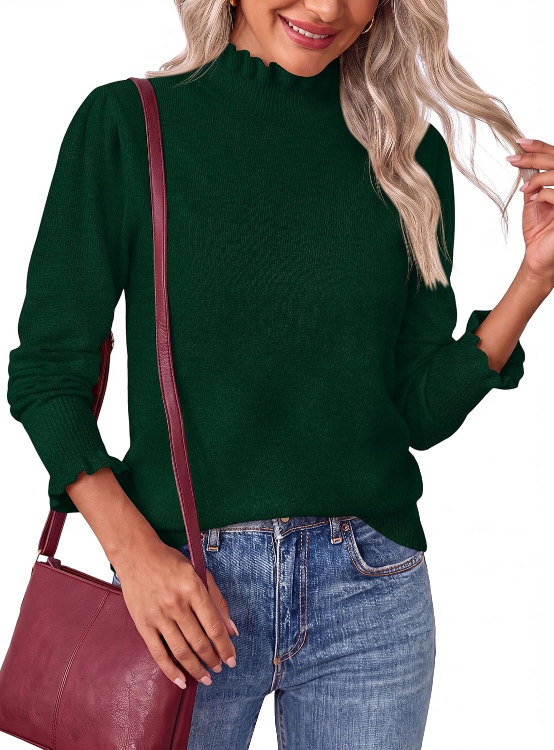 image:imagePRETTYGARDEN Womens Fall Cozy Sweaters Trendy Ruffle Mock Neck PulloverDark Green