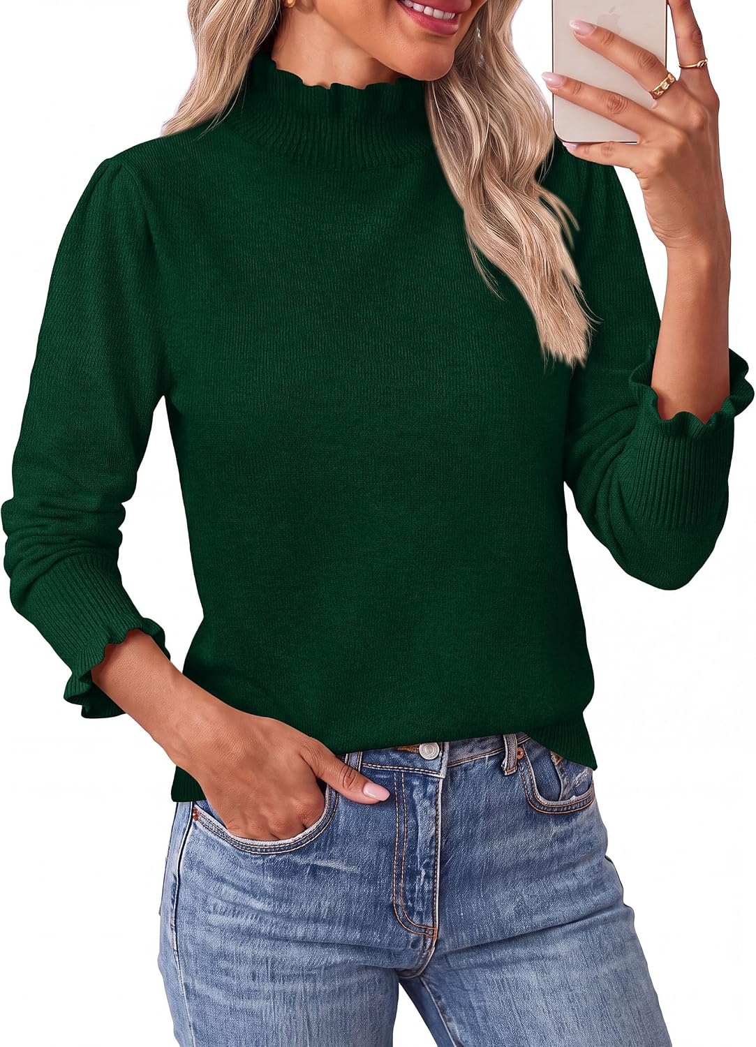 image:imagePRETTYGARDEN Womens Fall Cozy Sweaters Trendy Ruffle Mock Neck PulloverDark Green