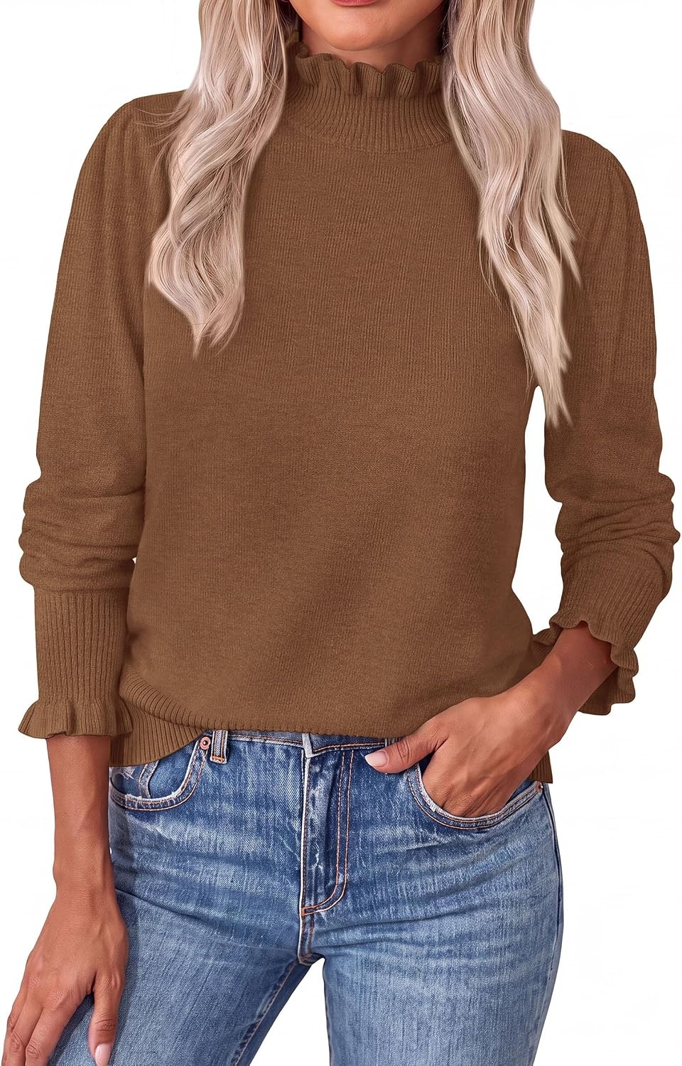 image:imagePRETTYGARDEN Womens Fall Cozy Sweaters Trendy Ruffle Mock Neck PulloverKhaki