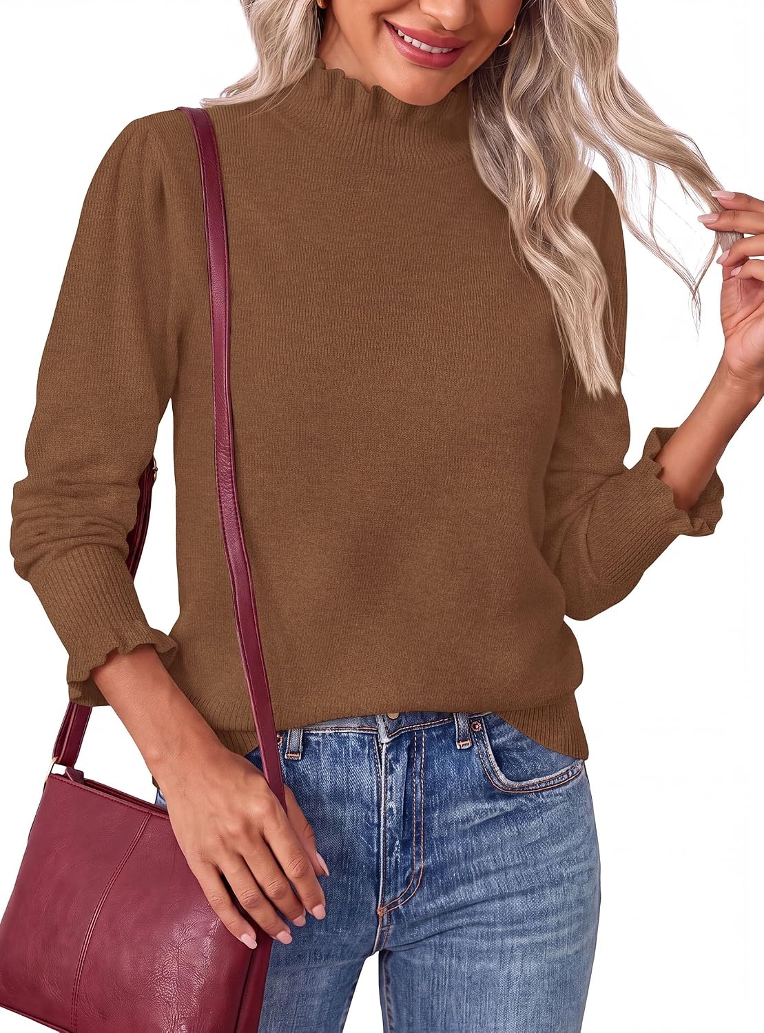 image:imagePRETTYGARDEN Womens Fall Cozy Sweaters Trendy Ruffle Mock Neck PulloverKhaki