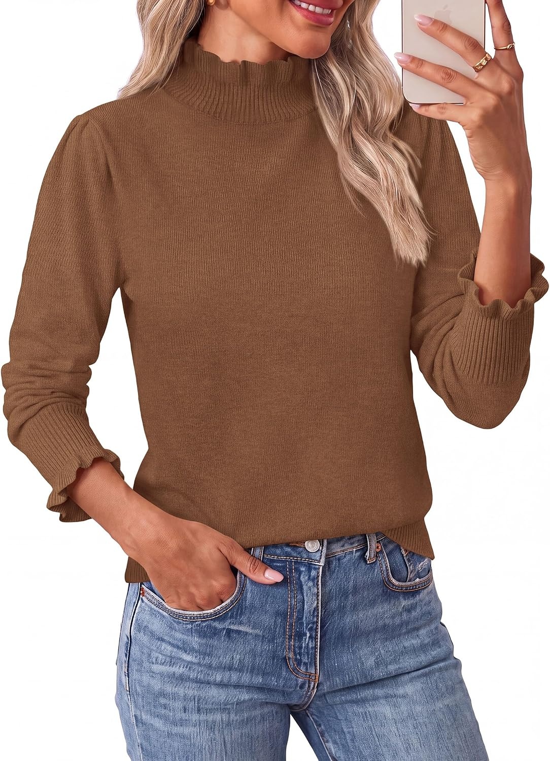 image:imagePRETTYGARDEN Womens Fall Cozy Sweaters Trendy Ruffle Mock Neck PulloverKhaki