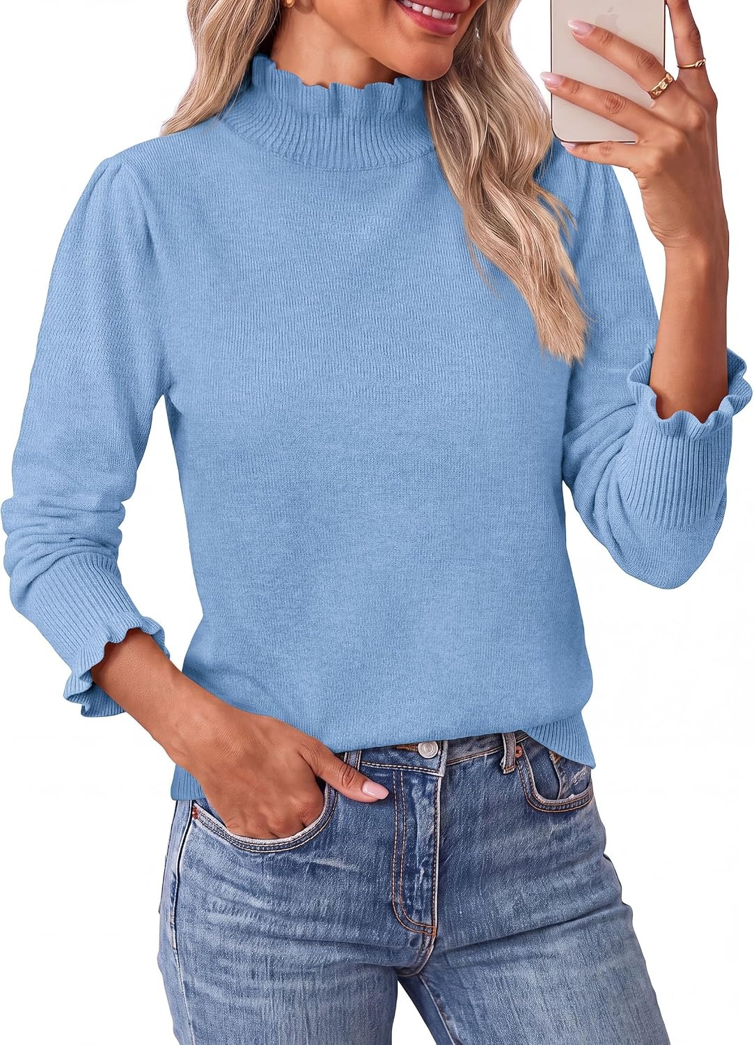 image:imagePRETTYGARDEN Womens Fall Cozy Sweaters Trendy Ruffle Mock Neck PulloverLight Blue