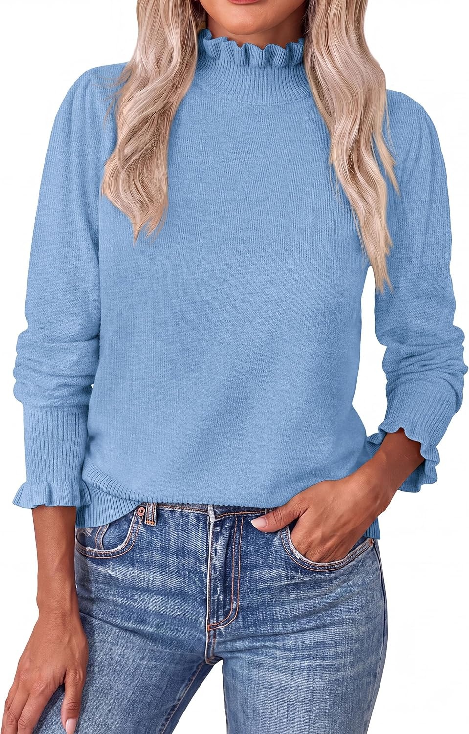 image:imagePRETTYGARDEN Womens Fall Cozy Sweaters Trendy Ruffle Mock Neck PulloverLight Blue