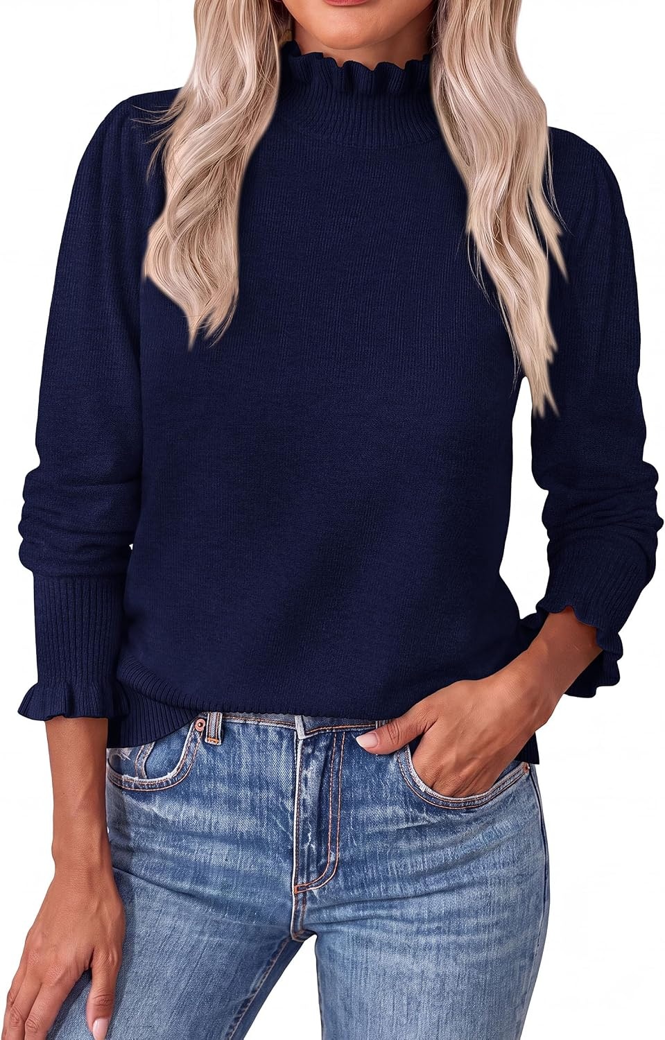 image:imagePRETTYGARDEN Womens Fall Cozy Sweaters Trendy Ruffle Mock Neck PulloverNavy Blue