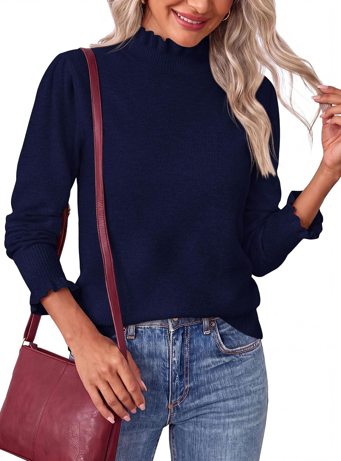 image:imagePRETTYGARDEN Womens Fall Cozy Sweaters Trendy Ruffle Mock Neck PulloverNavy Blue