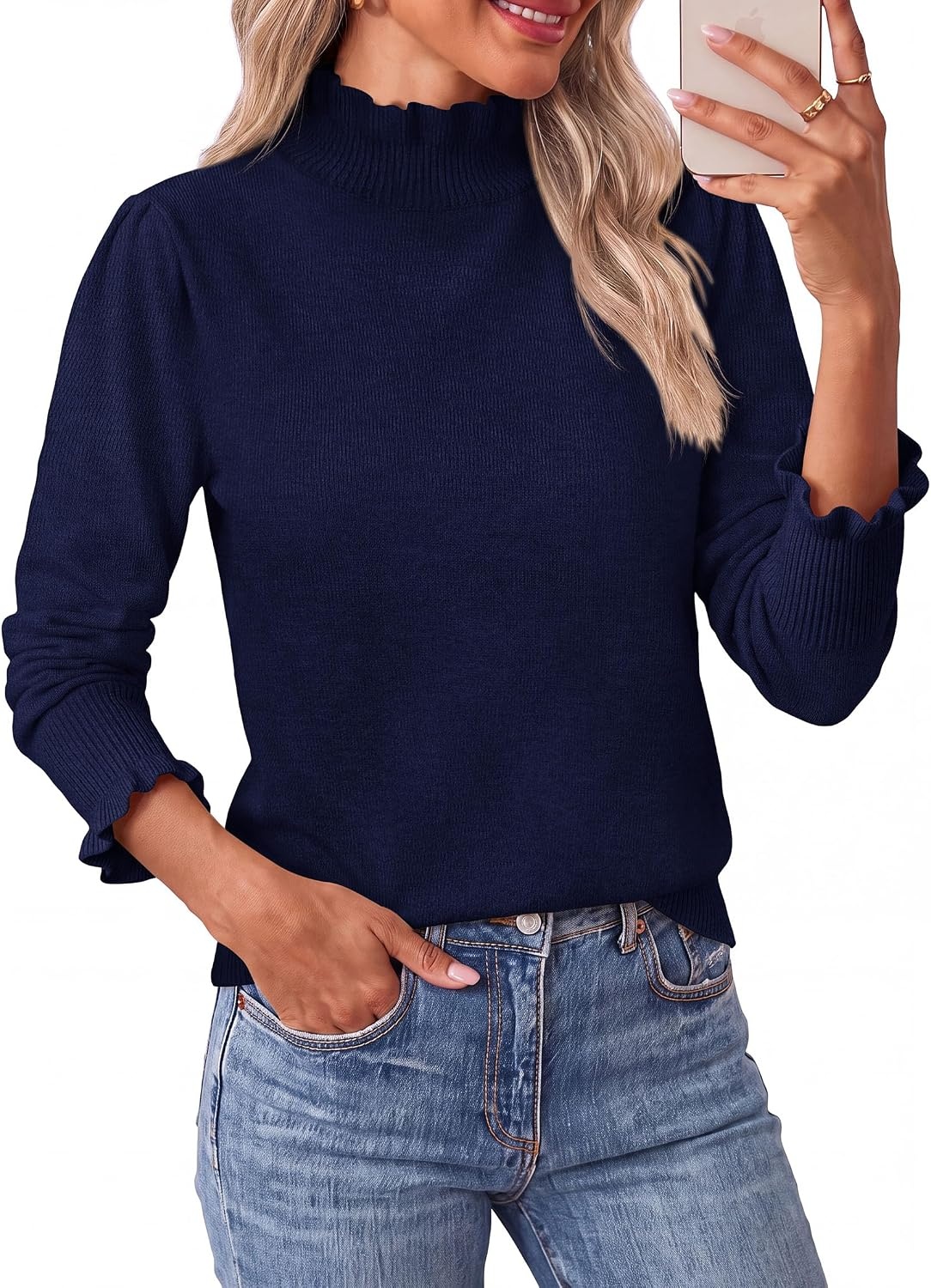 image:imagePRETTYGARDEN Womens Fall Cozy Sweaters Trendy Ruffle Mock Neck PulloverNavy Blue